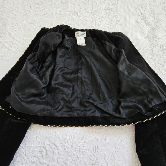 90s blazer jacket Jon Tagia black velvet gold trim buttons cropped Union made 4 - Picture 5 of 10